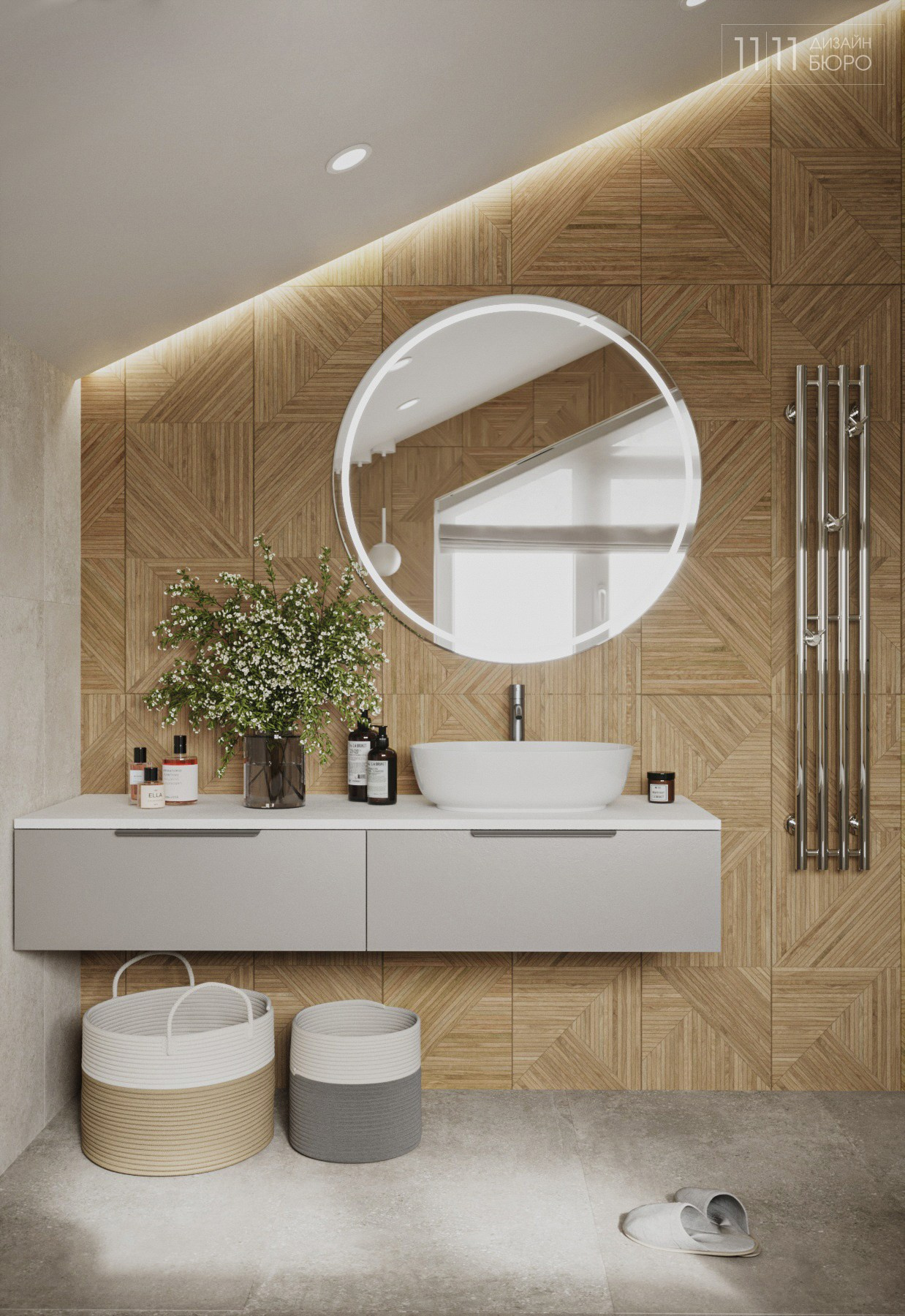 Интерьер мансардной ванной комнатой в частном доме сл светлым деревом