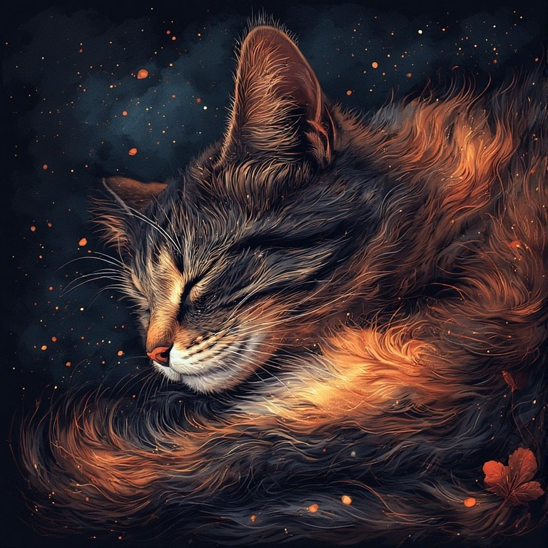 Illustration of a sleeping cat – deep black-and-orange artwork with soft light and shimmering sparks.