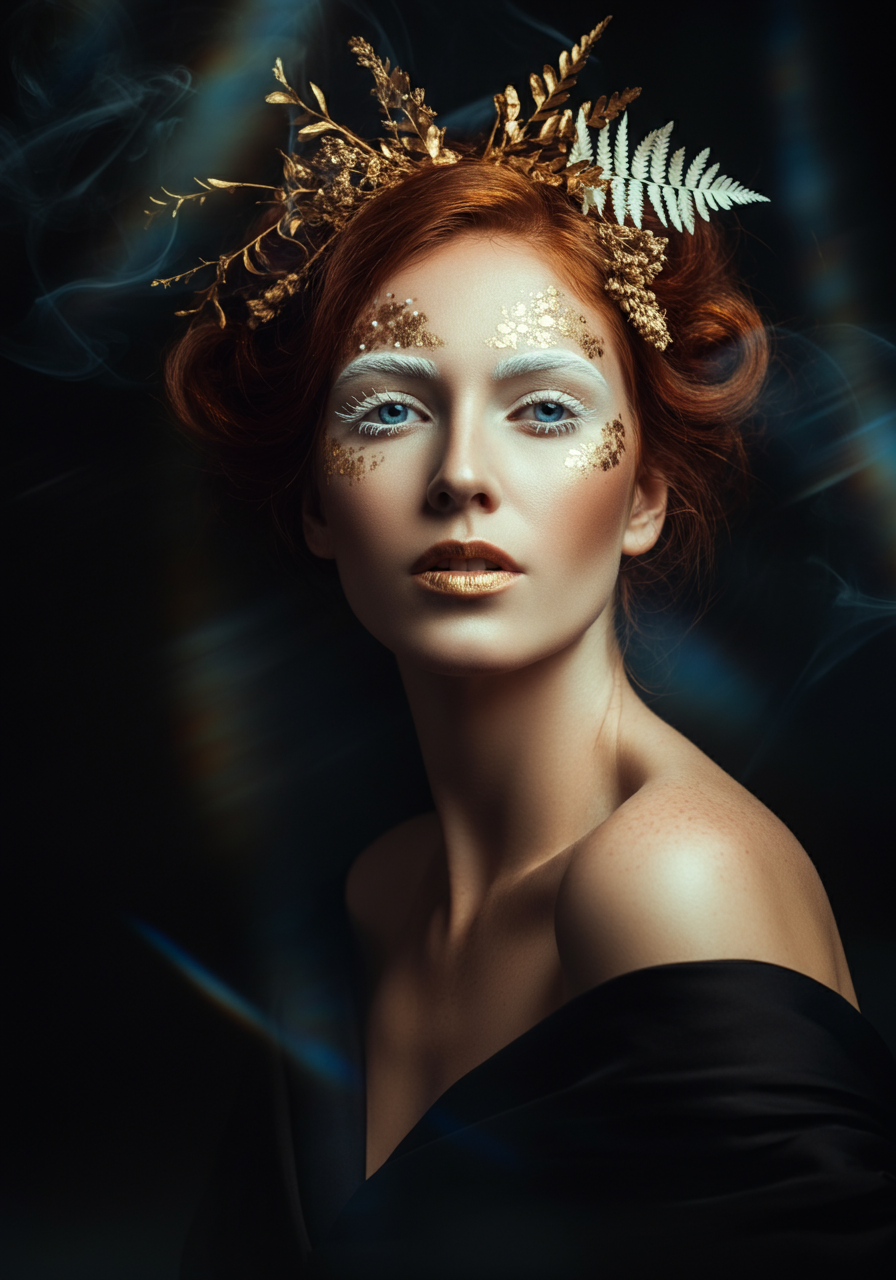 Фэшн портрет на тёмном фоне, на голове девушки - папоротник, на лице - чувственный макияж