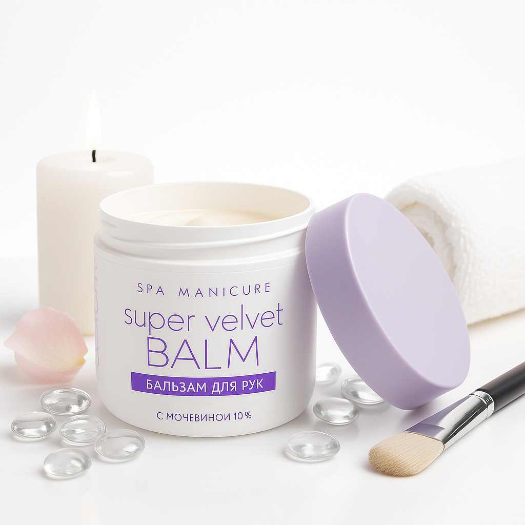 Белая баночка косметического средства на белом фоне с лежащей рядом кистью, стеклянными камнями и свечой