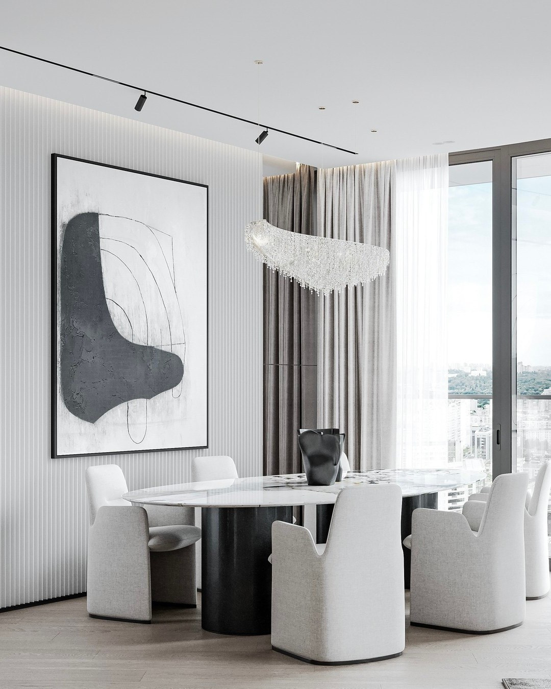 Современная столовая с панорамными окнами и абстрактным искусством — проект Валерии Котович