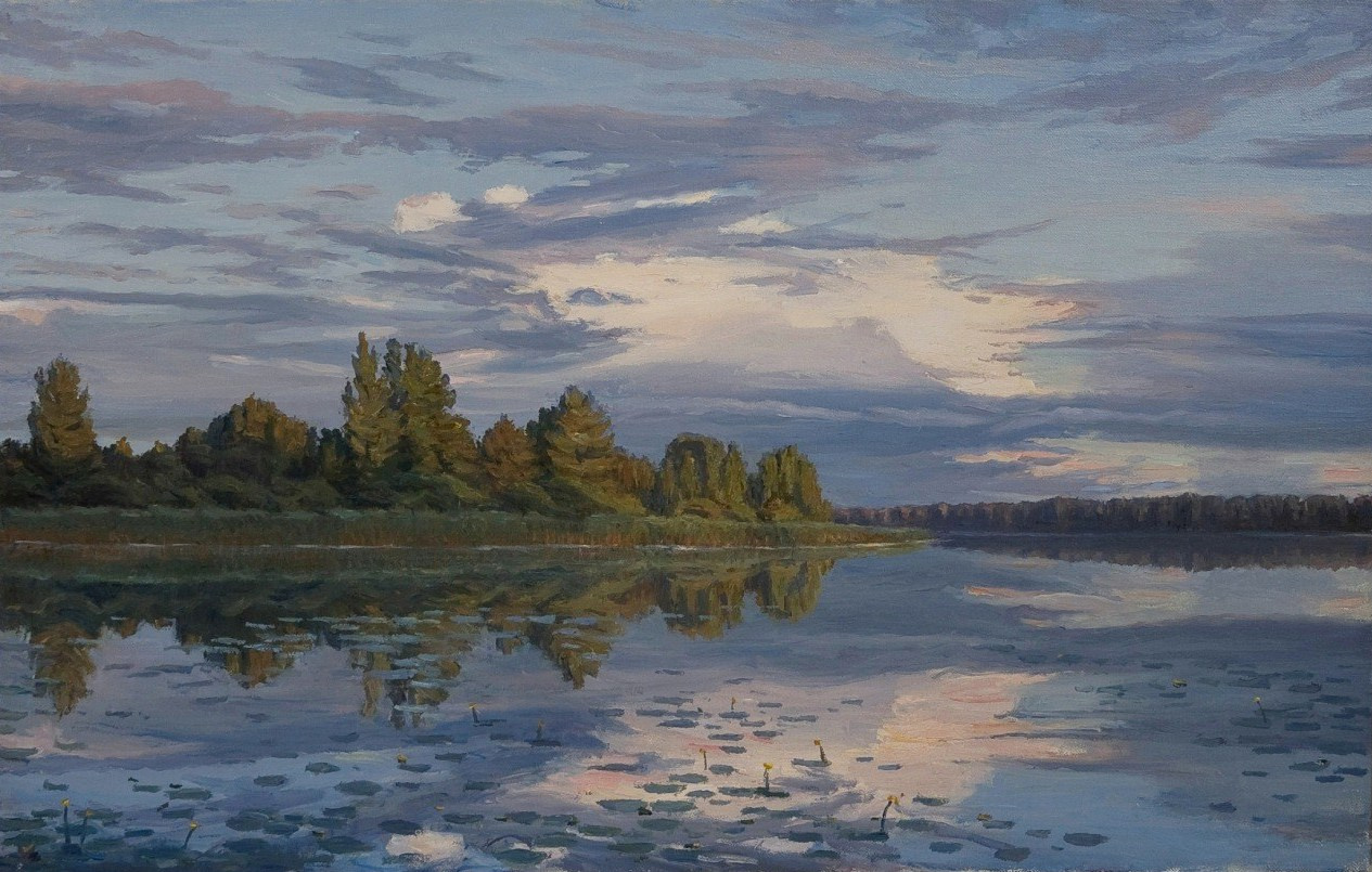 Живописный пейзаж небо над озером, сумерки. Тверская область, художник – Лев Феофанов