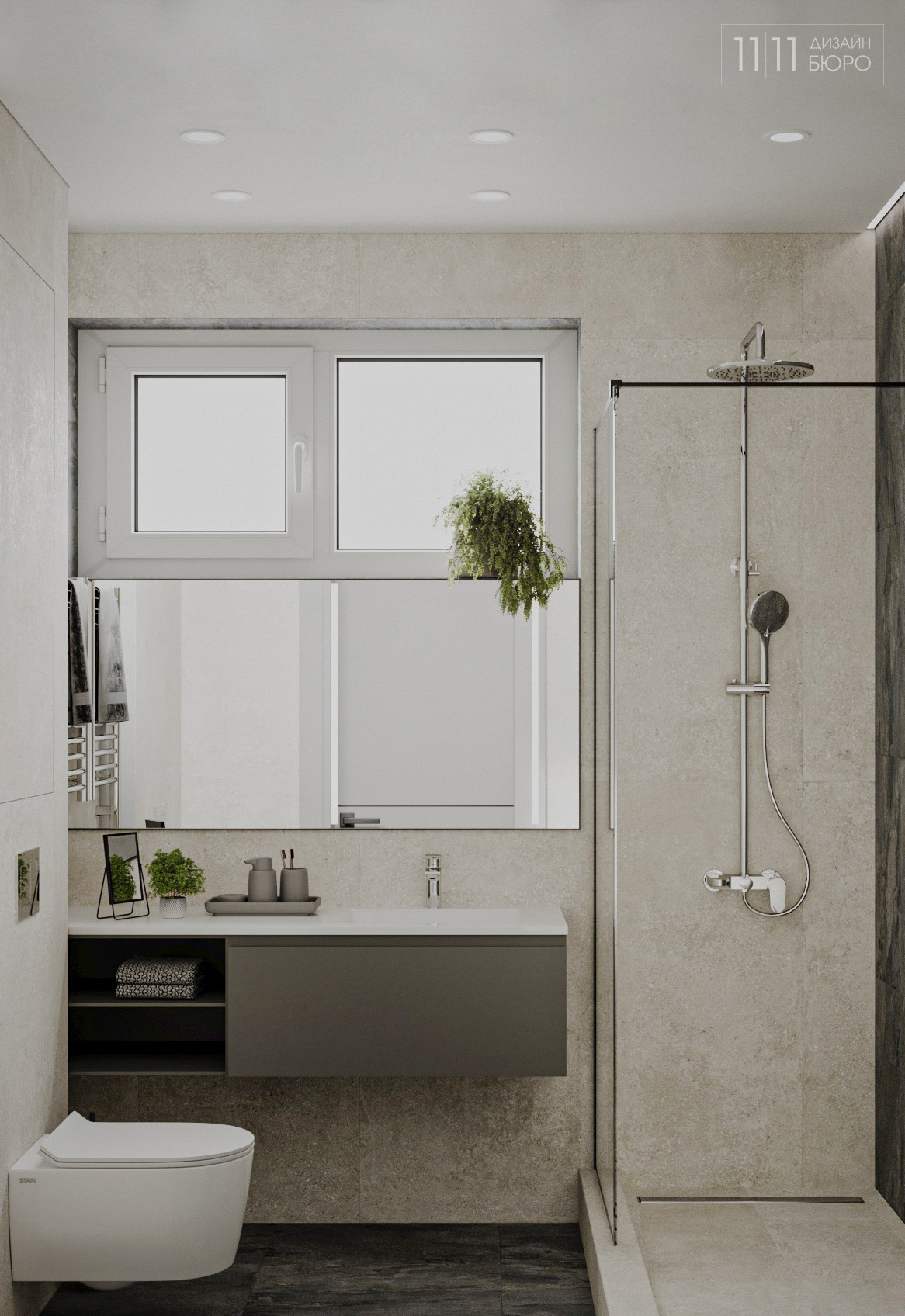 Интерьер светлого санузла с окном в частном доме