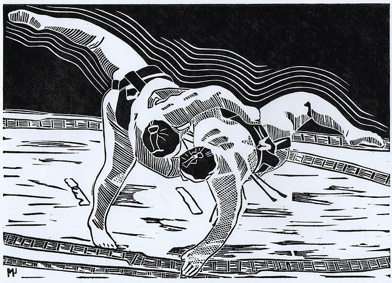 Серия линогравюр Grand Sumo Highlights  по мотивам турниров сумо. Авторская линогравюра, ручная печать на бумаге Ватман Гознак. 大相撲