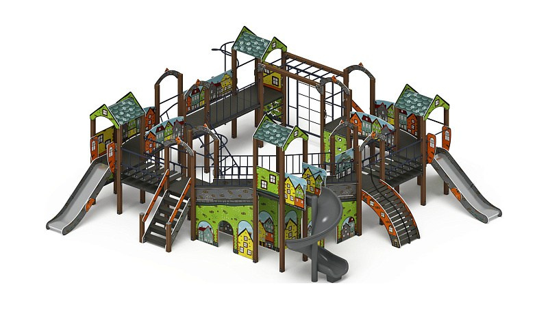 Остров детства (Город) - ДИК 2.01.8.02-11.И1 - Игровой комплекс H=1200 H=2000                                                                                              Габариты (ШхДхВ): 9560х9770х4000                                                                                                                                                                   Зона безопасности, мм: 13060х13270                                                                                                                                                                     Скат горки: H=1200 (металлический скат) / H=2000 (винтовой скат)