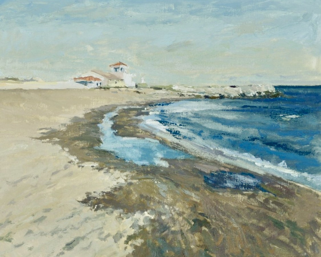 "Пляжи Андалусии" 38Х45 см. Бумага/масло 2016 пейзаж море, синий, голубой, природа