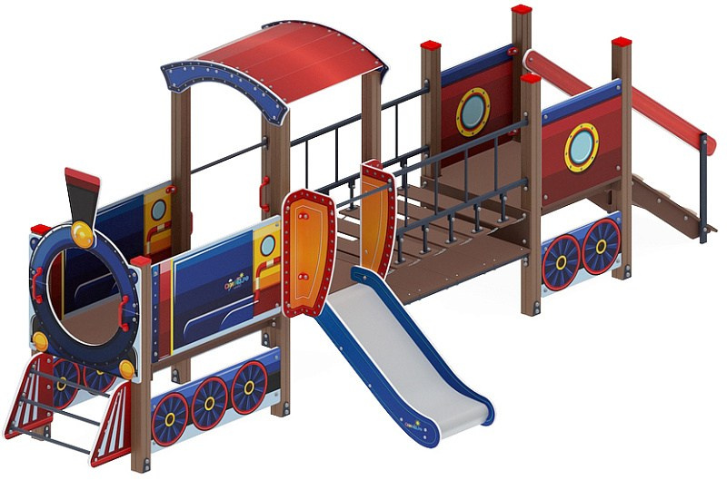 Паровозик (синий) - ДИК 1.03.5.02-01 - Игровой комплекс H=750                                                                                                                         Габариты (ШхДхВ): 6260x2320x2380                                                                                                                                                                     Зона безопасности, мм: 9260х5820                                                                                                                                                                         Скат горки: H=750 (металлический скат)