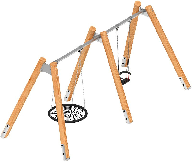 Качели (Лиственница) ИО 12.Р.05.01-Л.И2 Габариты (ШхДхВ): 5600х2250х2470 Зона безопасности, мм: 5600х7500 Возрастные ограничения от 1 года