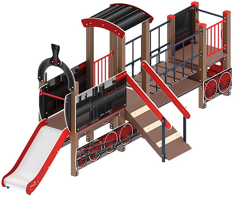 Паровозик (черный) мини - ДИК 1.03.5.01-12 - Игровой комплекс H=750                                                                                                                          Габариты (ШхДхВ): 5560x1810x2320                                                                                                                                                                     Зона безопасности, мм: 9060х4810                                                                                                                                                                         Скат горки: H=750 (металлический скат)