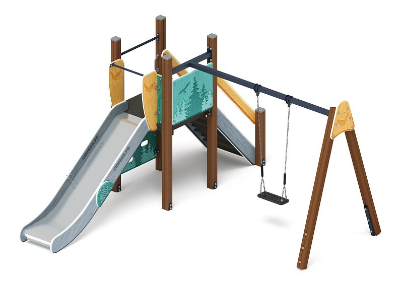 Счастливое детство (Тайга) - ДИК 2.01.03-03 - Игровой комплекс H=1200                                                                                          Габариты (ШхДхВ): 4080x3830x2500                                                                                                                                                                      Зона безопасности, мм: 8110х5330                                                                                                                                                                     Скат горки: H=1200 (металлический скат)