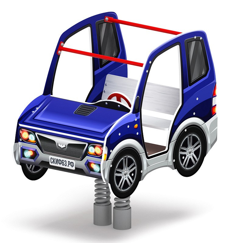 Машинка - Качалка на пружине двухместная машинка - ИО 23.03.01-01.И1 Габариты (ШхДхВ): 1360x840x1420 Зона безопасности, мм: 3360х2840 Возрастные ограничения весом не более 70 кг