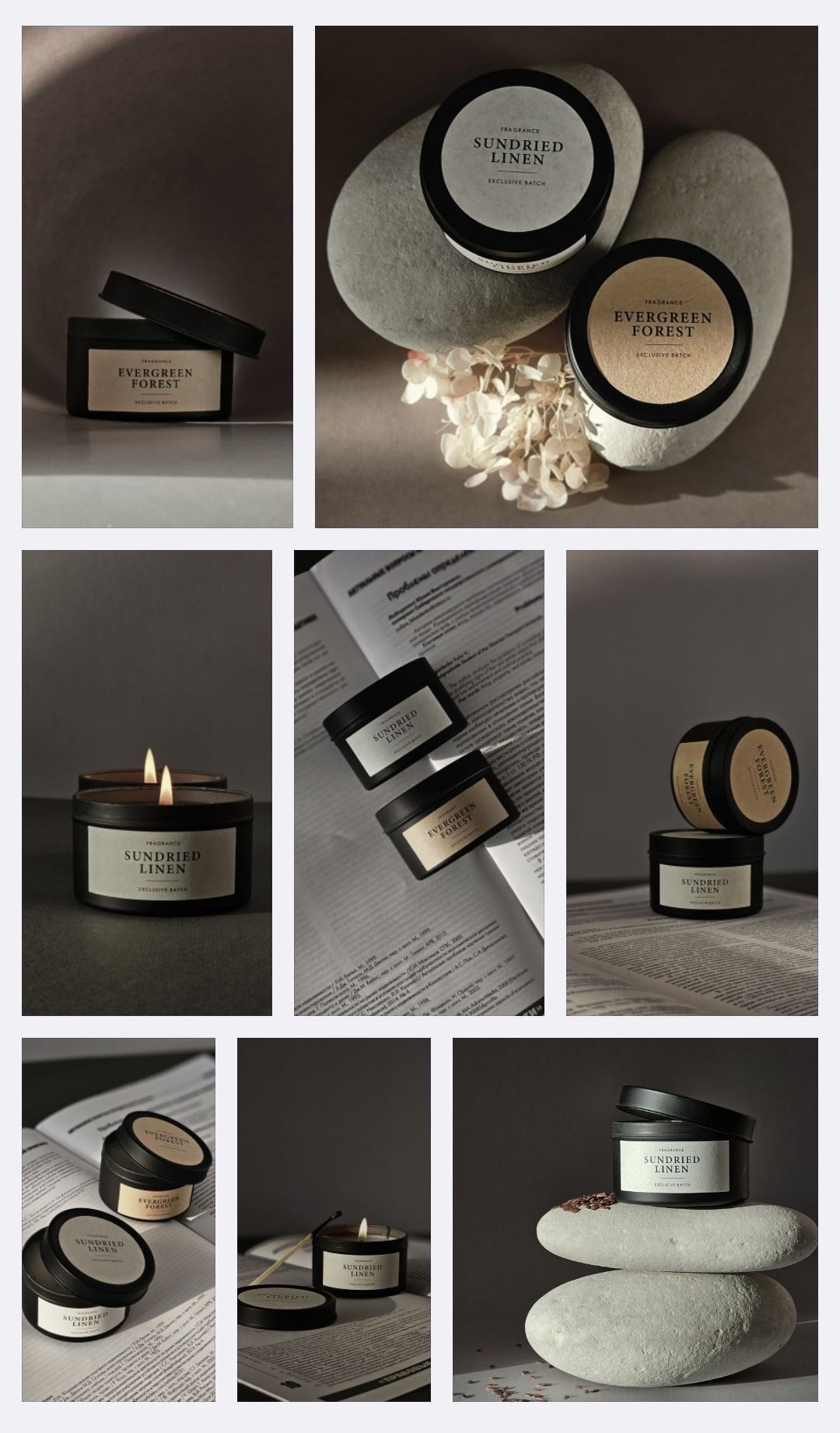 Коллаж из фотографий свечей в банках на белом фоне с различным расположением