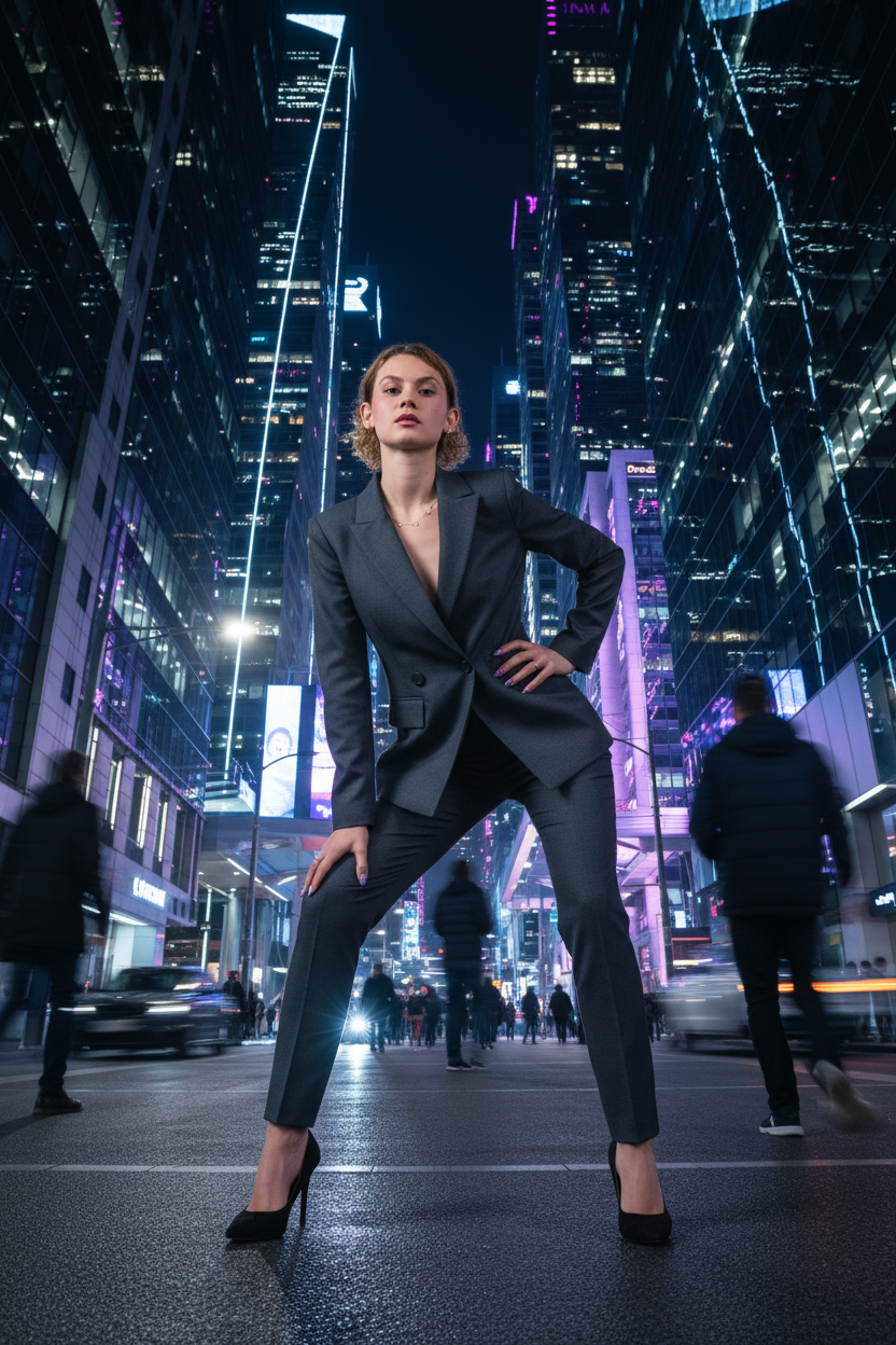 Нейрофотография с реальной девушкой в деловом костюме, полный рост, ночной город, неоновый свет, городская среда Neurophotography with a real woman in a business suit, full-length portrait, night city, neon lights, urban environment