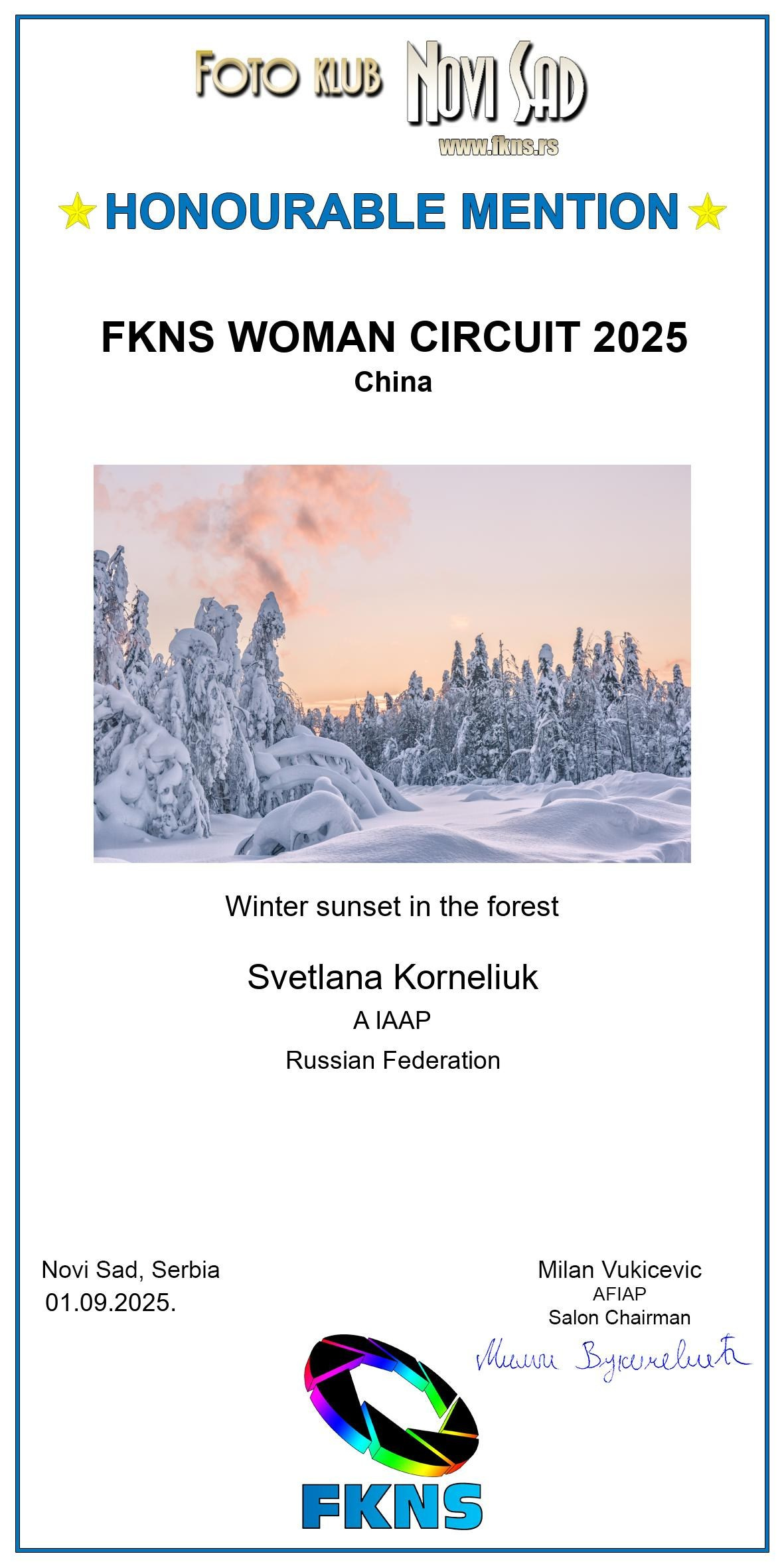 Диплом Honorable Mention -Почетное упоминание в международном конкурсе FKNS WOMAN CIRCUIT 2025