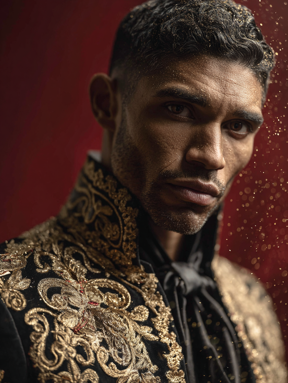 Мужской портрет в цирковой стилистике, театральный грим и насыщенный красный свет