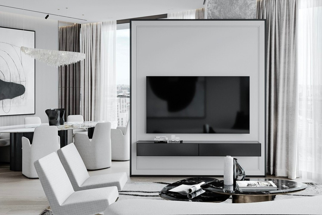 Зона ТВ с современным интерьером и панорамными окнами — дизайн Валерии Котович