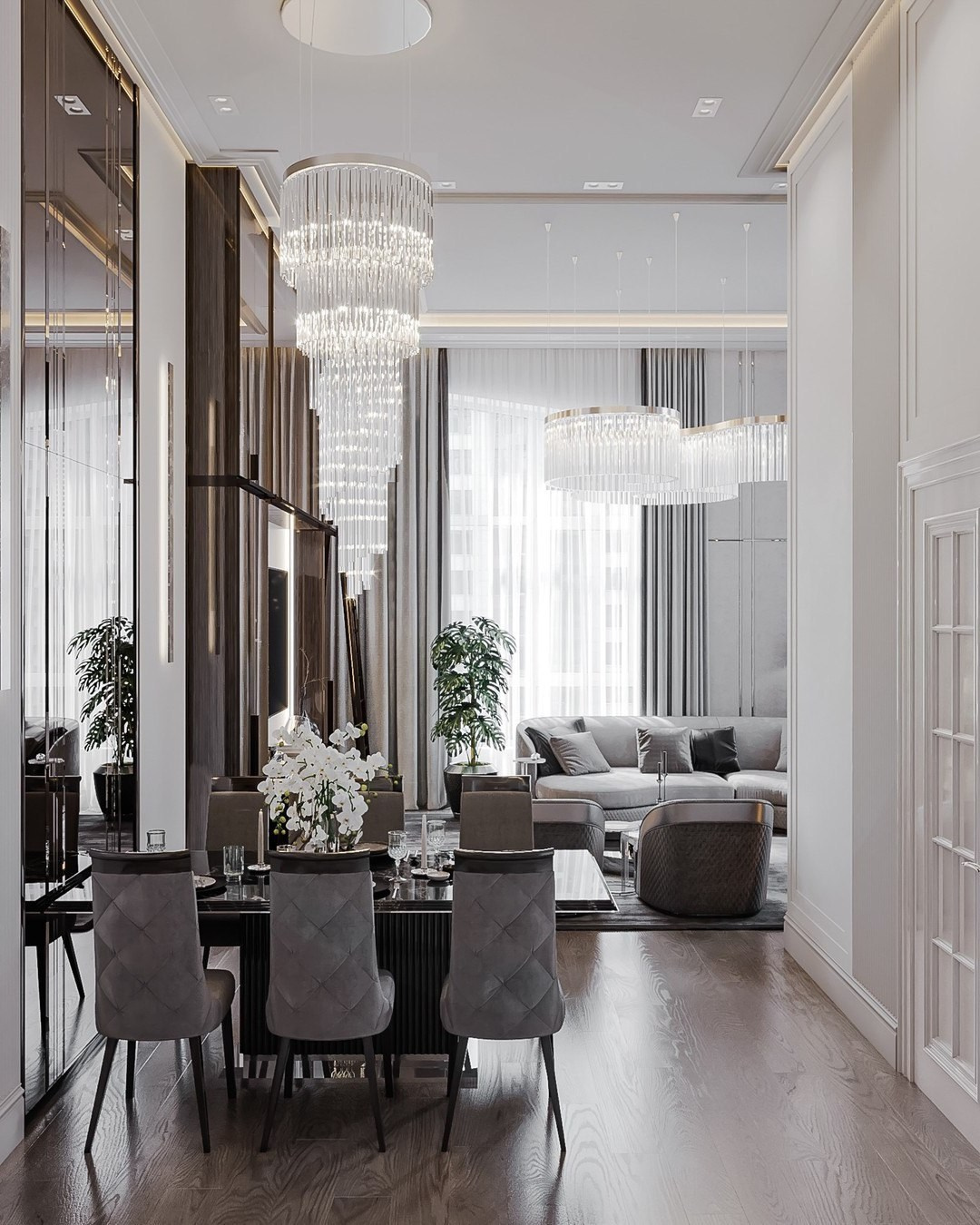 Вид из столовой на гостиную с хрустальными люстрами — современный интерьер Валерии Котович