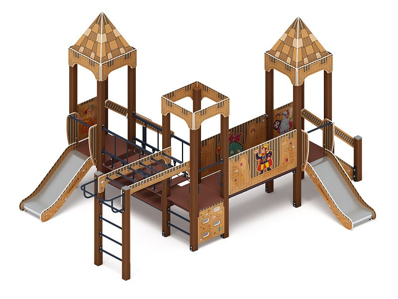 Королевство (Картонное) - ДИК 1.15.08-22 - Игровой комплекс H=750                                                                                                              Габариты (ШхДхВ): 4310х5220х2650                                                                                                                                                                       Зона безопасности, мм: 7810х8430                                                                                                                                                                          Скат горки: H=750 (металлический скат)