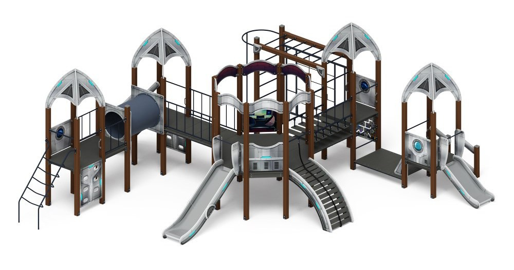 Космопорт (Серый) - ДИК 2.14.03-01 - Игровой комплекс H=750 H=1200                                                                                          Габариты (ШхДхВ): 9000x8850x3500                                                                                                                                                                       Зона безопасности, мм: 12000х12350                                                                                                                                                                     Скат горки: H=750 (металлический скат) / H=1200 (металлический скат)                                                                                   Возрастные ограничения от 5 до 12 лет