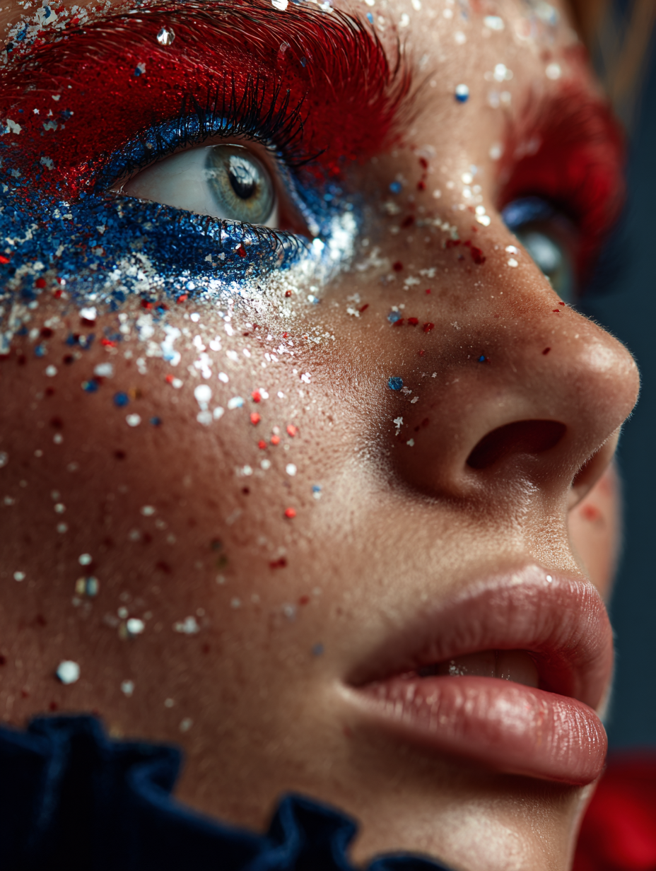 AI fashion портрет в цирковой эстетике, драматичный свет и золотой грим