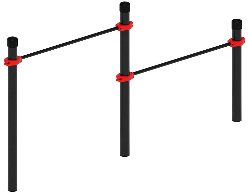 Воркаут 108. Перекладины стационарные разноуровневые (красный) ВТ 02.07-01Габариты (ШхДхВ):2880х120х1500  Зона безопасности, мм:5880х3120 Возрастные ограничения от 14 лет, весом не более 100 кг