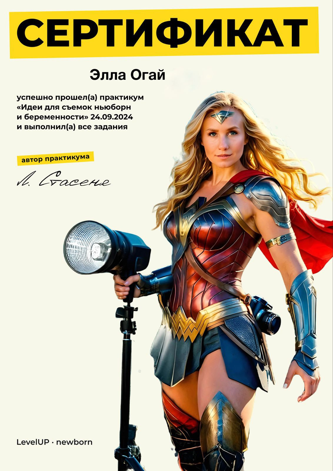 Сертификат об успешном прохождении Практикума "Идеи для сьемок ньюборн и беременности" 2024