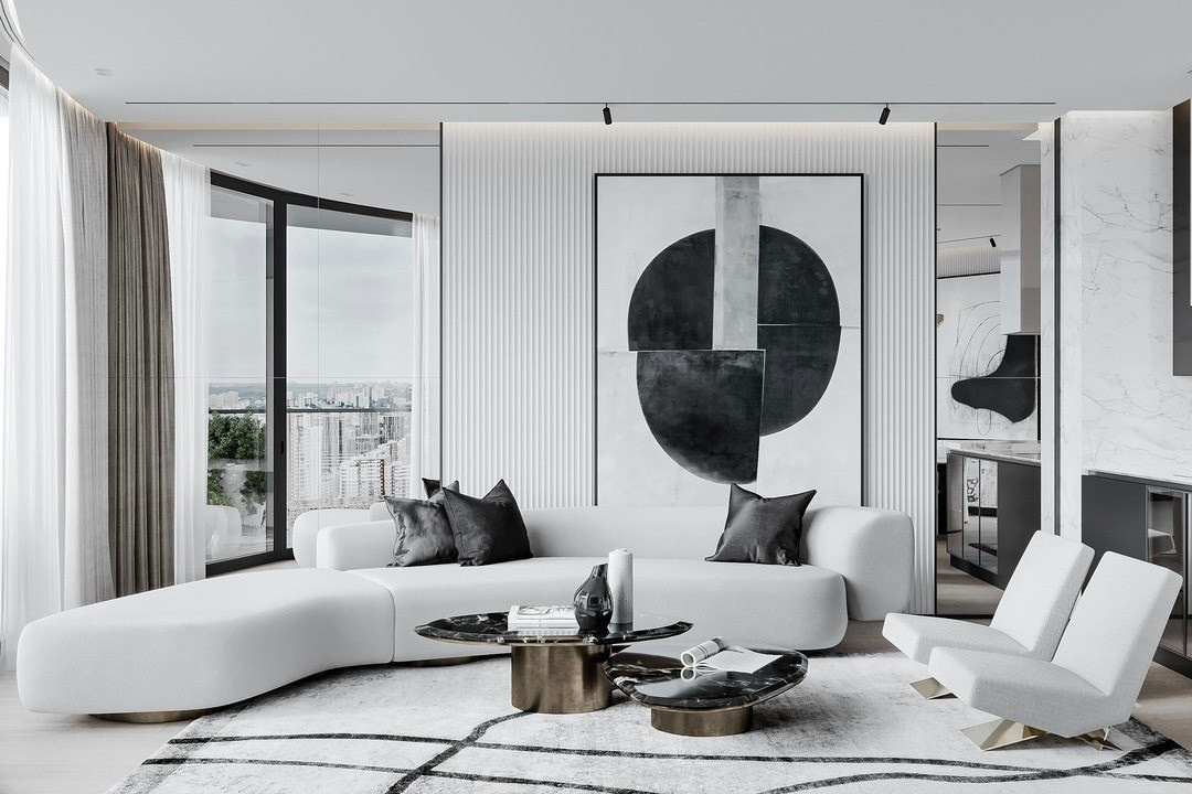 Гостиная с панорамным видом и абстрактной картиной — проект Валерии Котович