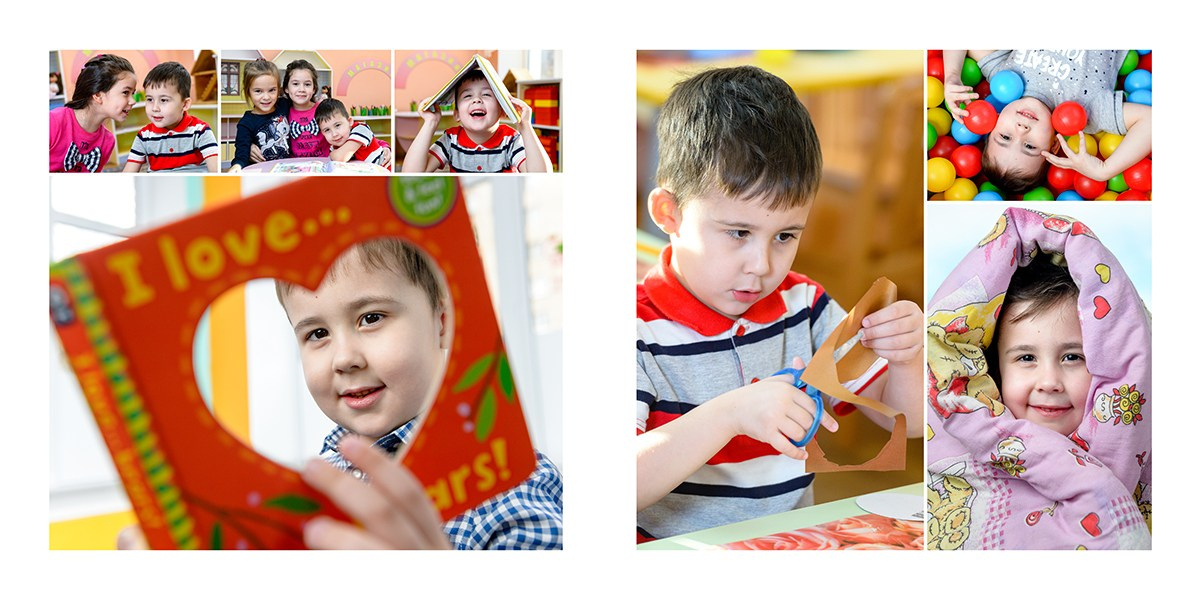 Разворот фотокниги: коллаж с портретами ребёнка и крупный кадр с красными акцентами в кадре.