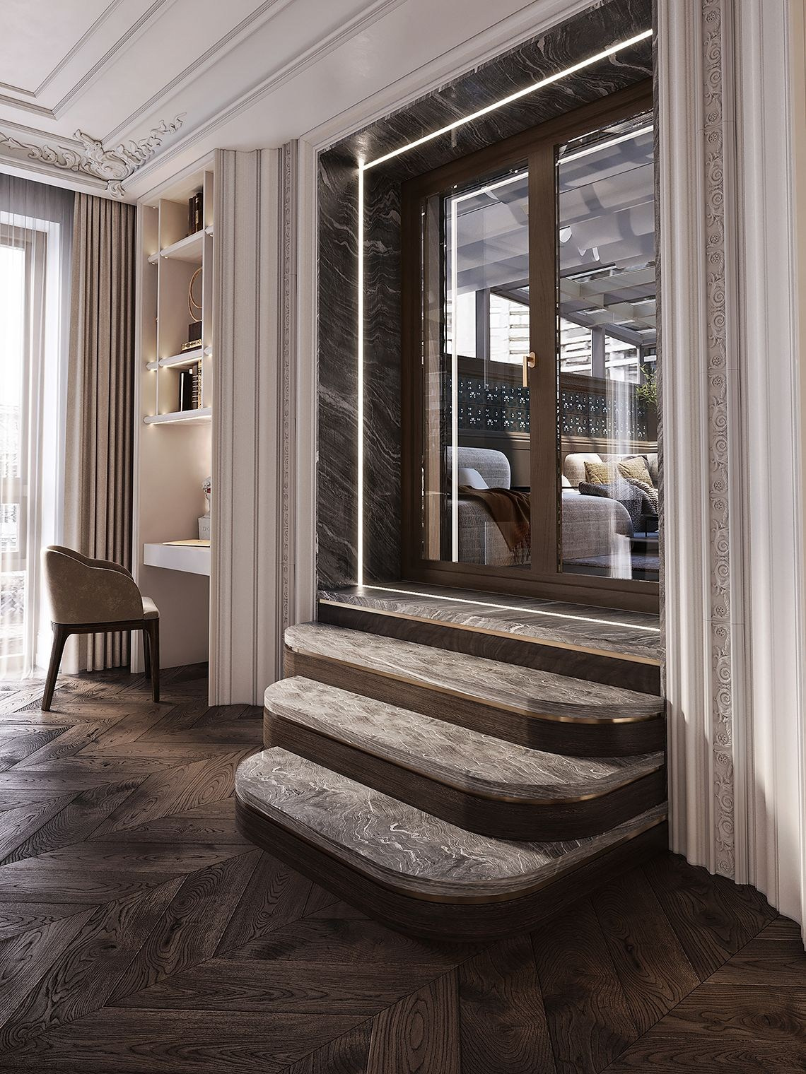 Панорамные окна Turandot Residences открывают вид на МИД, Старый Арбат и Москва-Сити . Наша задача — не перекрыть эту роскошь, а дополнить. Современная классика с лаконичными буазери, светлыми тонами и скрытыми системами хранения. Интерьер, который не спорит с видом, а обрамляет его.