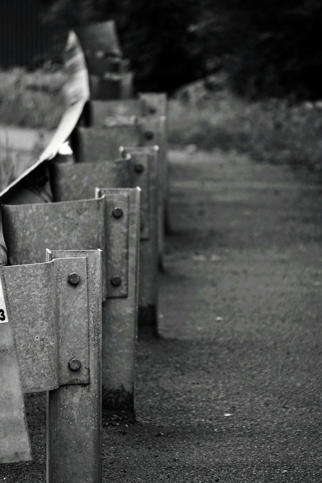 На фото представлено металлическое барьерное ограждение, установленное вдоль дорожного полотна. Хорошо видны элементы конструкции: прочные металлические секции и надёжные крепёжные болты. 