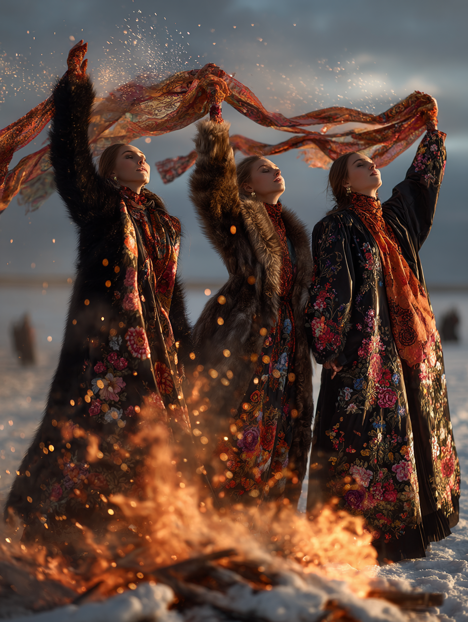 AI портрет в русской стилистике Масленицы, атмосферная зимняя съёмка
