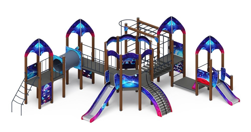 Космопорт (Космос) - ДИК 2.14.03-02 - Игровой комплекс H=750 H=1200                                                                                         Габариты (ШхДхВ): 9000x8850x3500                                                                                                                                                                       Зона безопасности, мм: 12000х12350                                                                                                                                                                     Скат горки: H=750 (металлический скат) / H=1200 (металлический скат)                                                                                   Возрастные ограничения от 5 до 12 лет