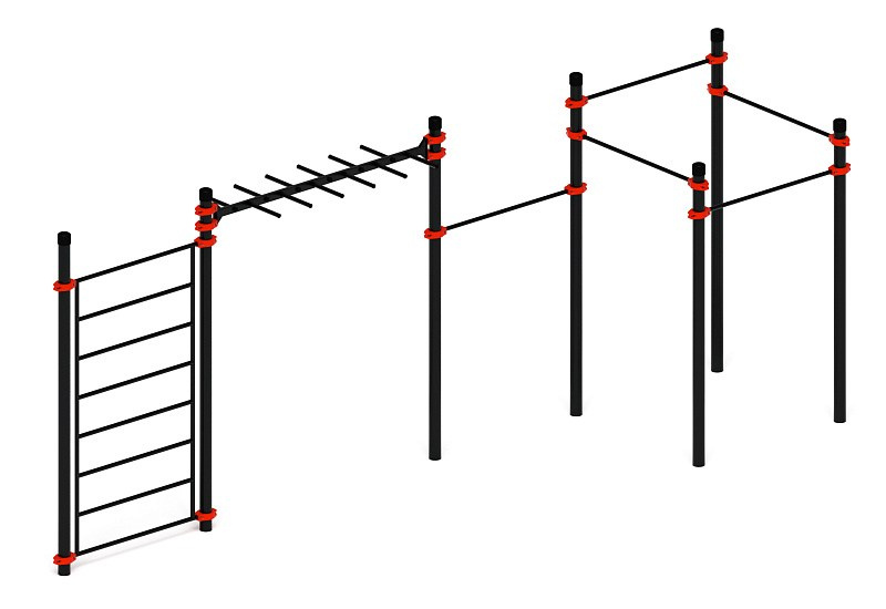 Воркаут 108 красный ВТ 12.22-01 Габариты (ШхДхВ):6400х1760х2600 Зона безопасности, мм:9400х4760 Возрастные ограничения от 14 лет, весом не более 100 кг