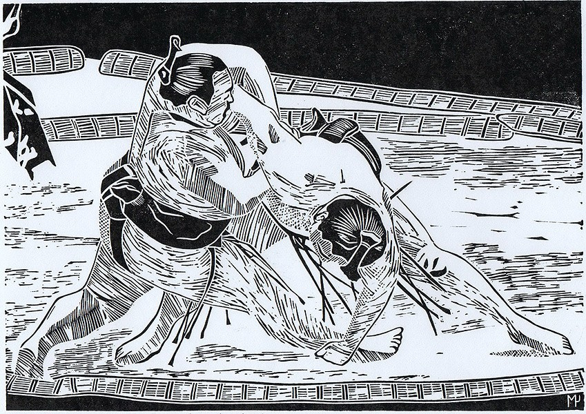 Серия линогравюр Grand Sumo Highlights  по мотивам турниров сумо. Авторская линогравюра, ручная печать на бумаге Ватман Гознак. 大相撲