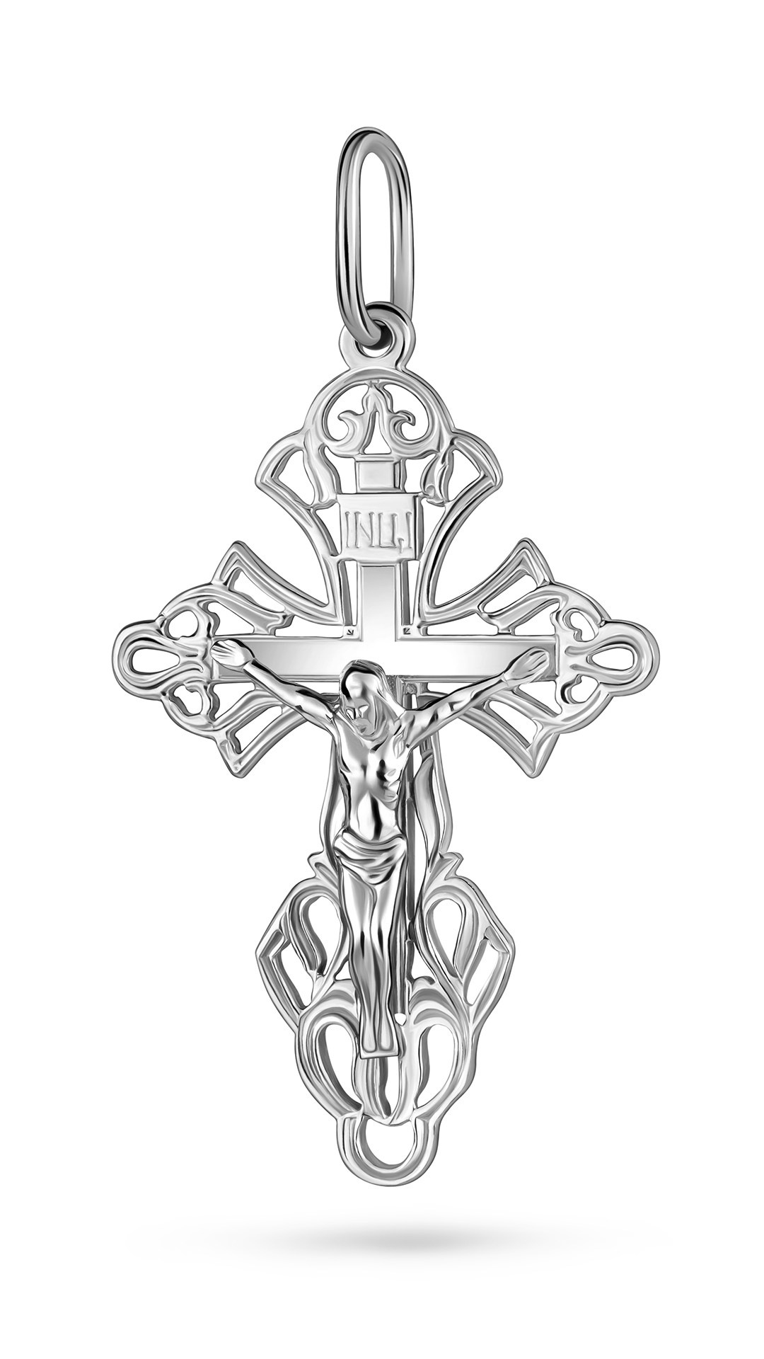 Фотосъемка ювелирных изделий, серебряный крест на белом фоне