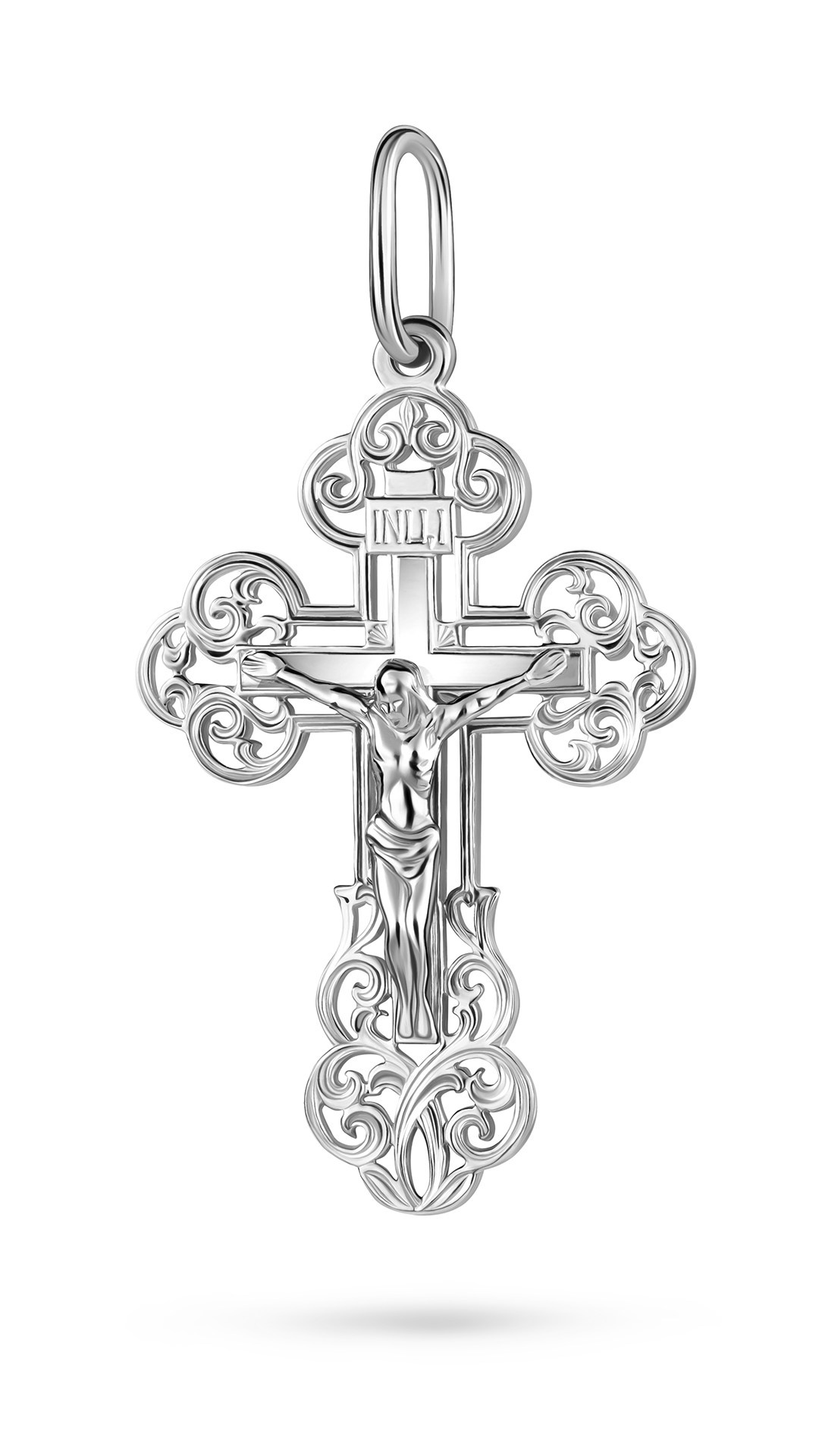 Фотосъемка ювелирных изделий, серебряный крест на белом фоне 