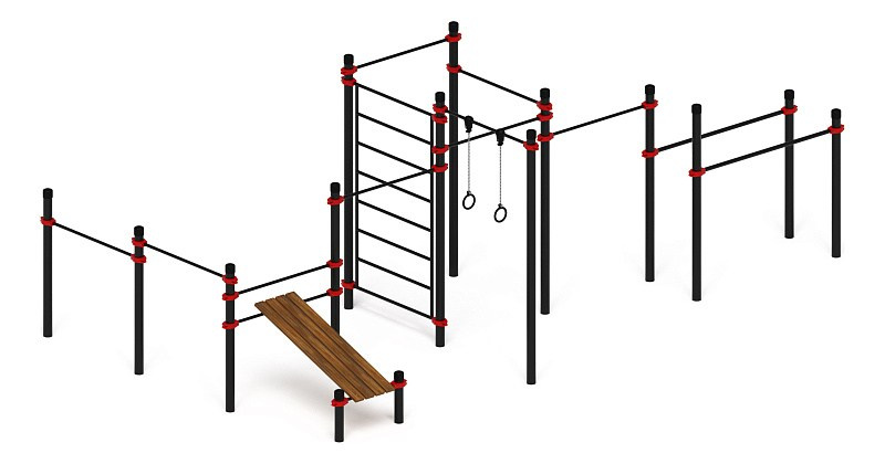 Воркаут 108 красный ВТ 12.23-01 Габариты (ШхДхВ):7400х4240х2600 Зона безопасности, мм:10400х7240 Возрастные ограничения от 14 лет, весом не более 100 кг