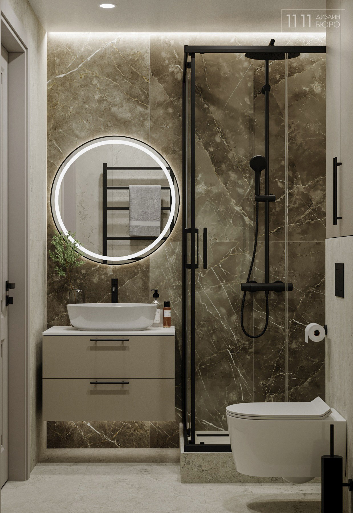 Санузел с черной сантехникой и керамогранитом Italon