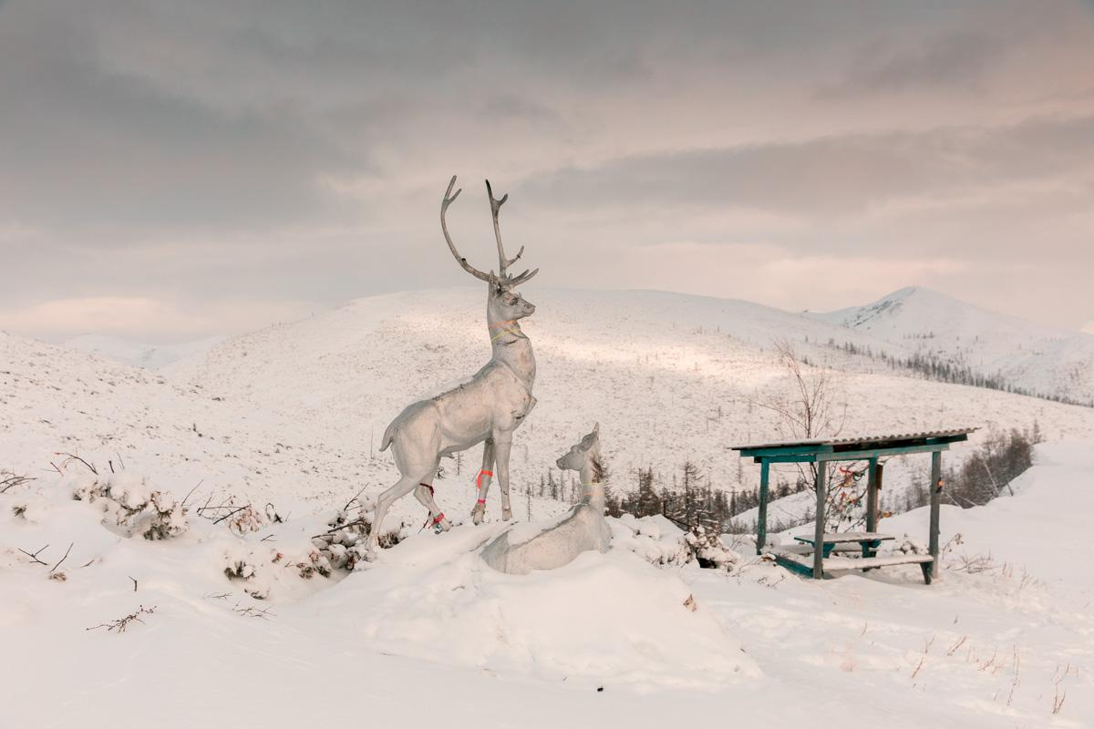 Deer sculpture on the Bolshoy Olchan mountain pass of the Yana highway.