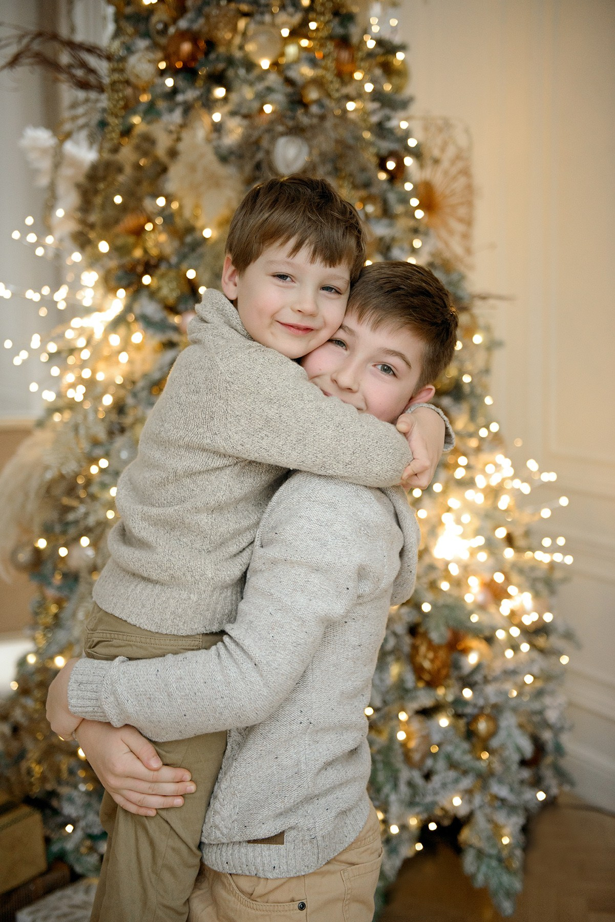 Brothers, two boys, Studio photo shoot at Christmas time