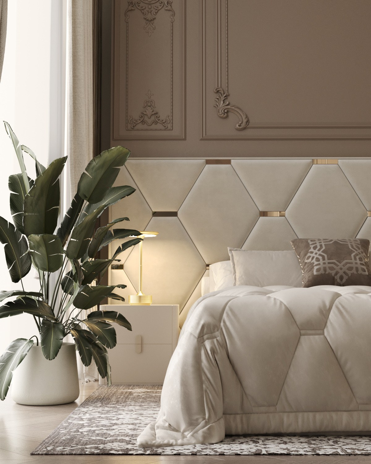 Фотореалистичный рендер кровати с мягким бежевым покрывалом и тумбой с золотой лампой 