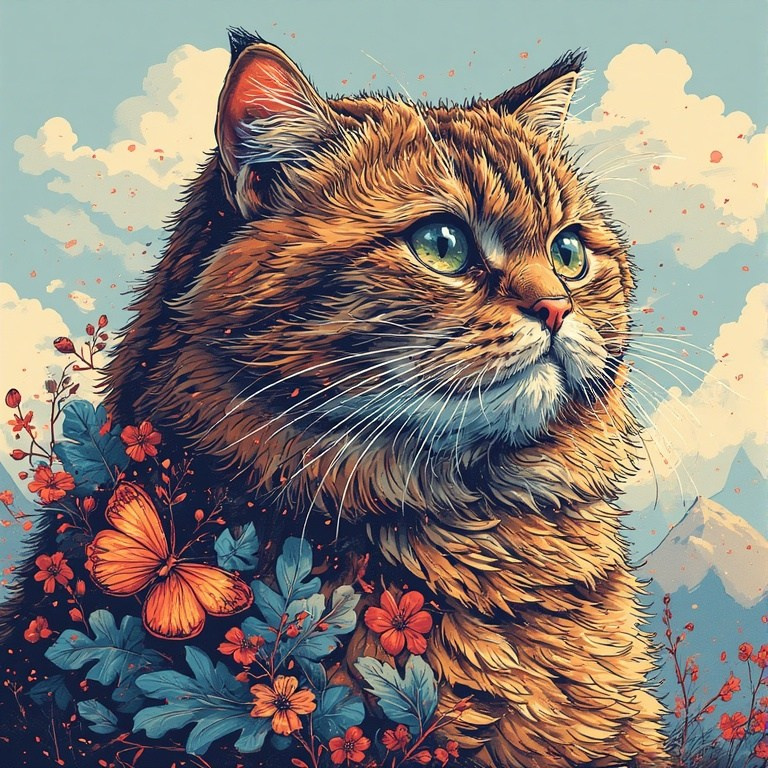 Illustration of a fluffy cat with a butterfly and flowers – artistic drawing with soft clouds in the background.