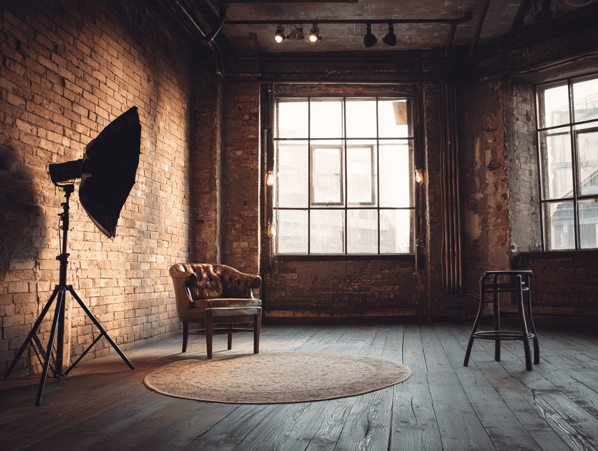 Лофт-студия с кирпичными стенами и большими окнами для съёмки семьи и портретов, фотограф Карасёва Елена