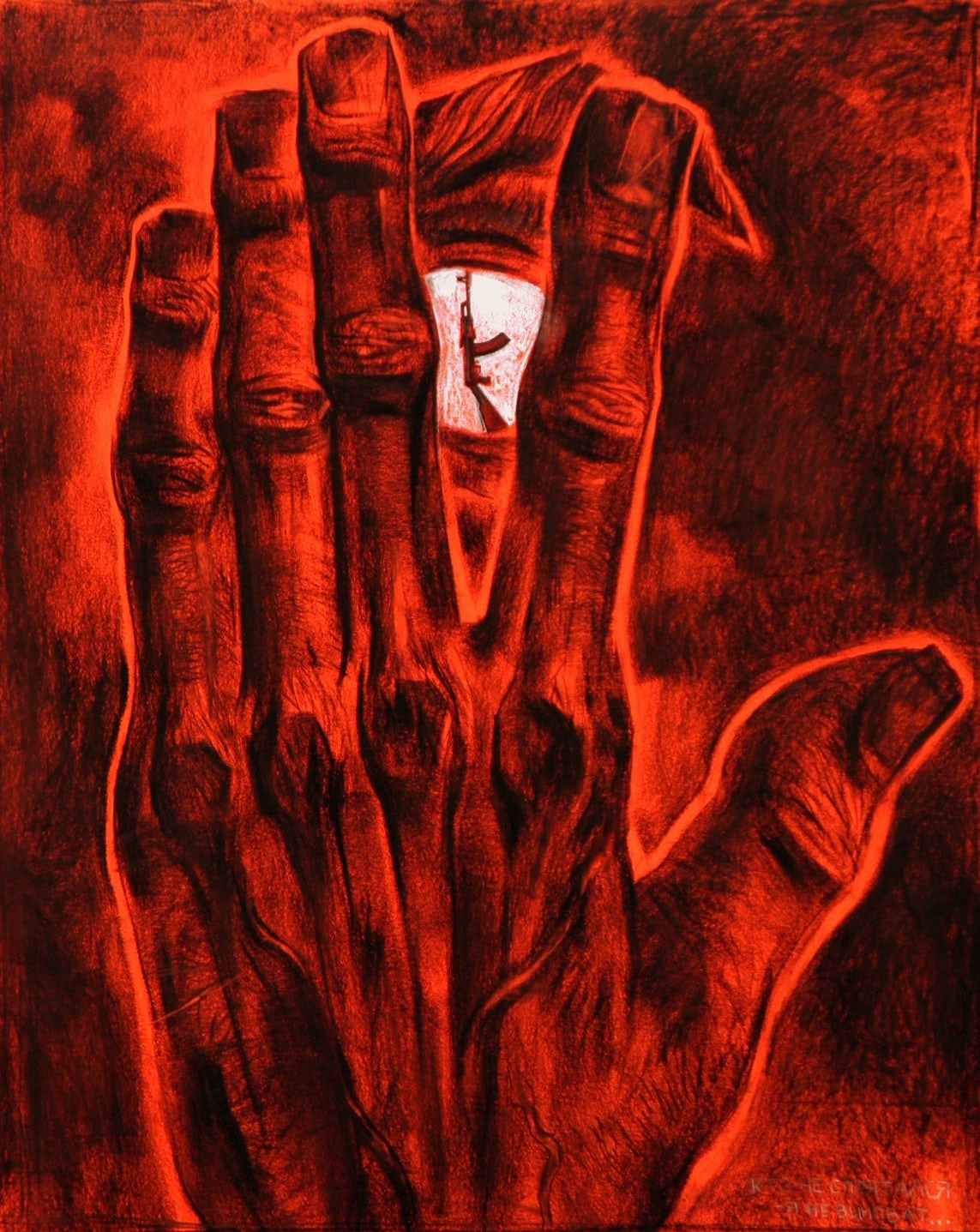 "Кто не спрятался, я не виноват." 93 х 75 красная бумага, уголь 2022