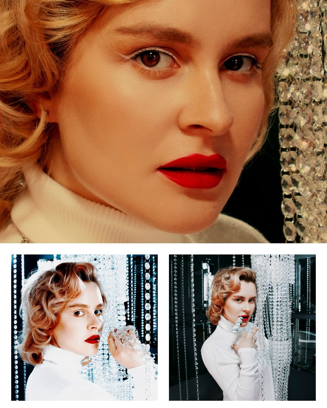 девушка с красной помадой и белыми  блондинистыми локонами