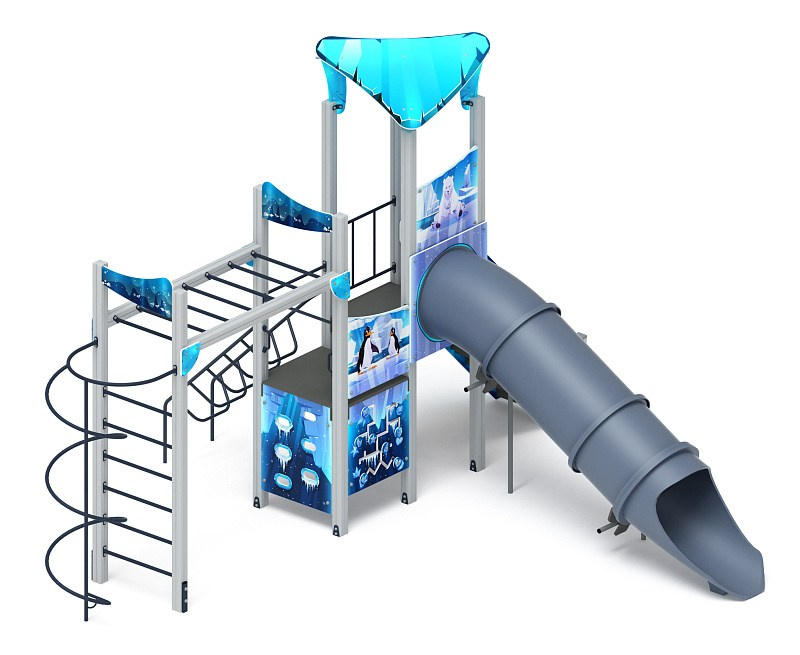 Волшебный город (горка труба) (Снежная королева) - ДИК 2.19.04-02 - Игровой комплекс Н=1500                                                                Габариты (ШхДхВ): 5650x6310x4070                                                                                                                                                                    Зона безопасности, мм: 9310х9150                                                                                                                                                                     Скат горки: H=1500 (тоннельный прямой скат)