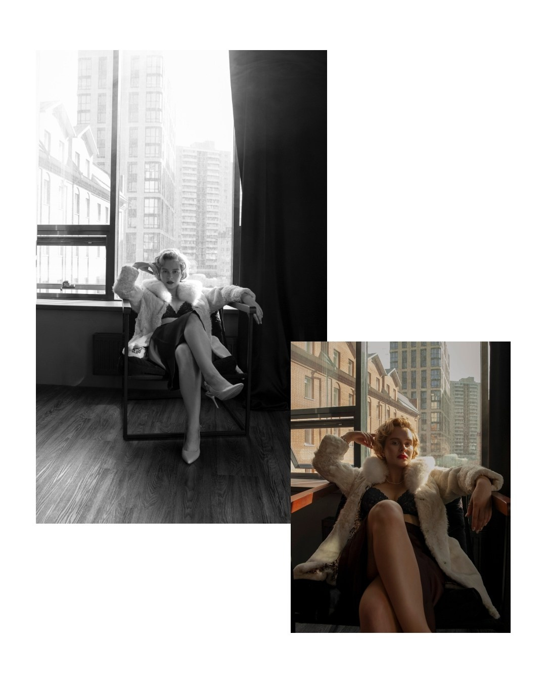 девушка сидит нога на ногу  на фоне окна