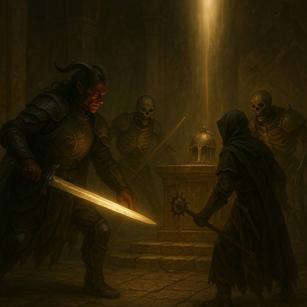 Схватка воина с врагами в подземелье под светом с потолка.