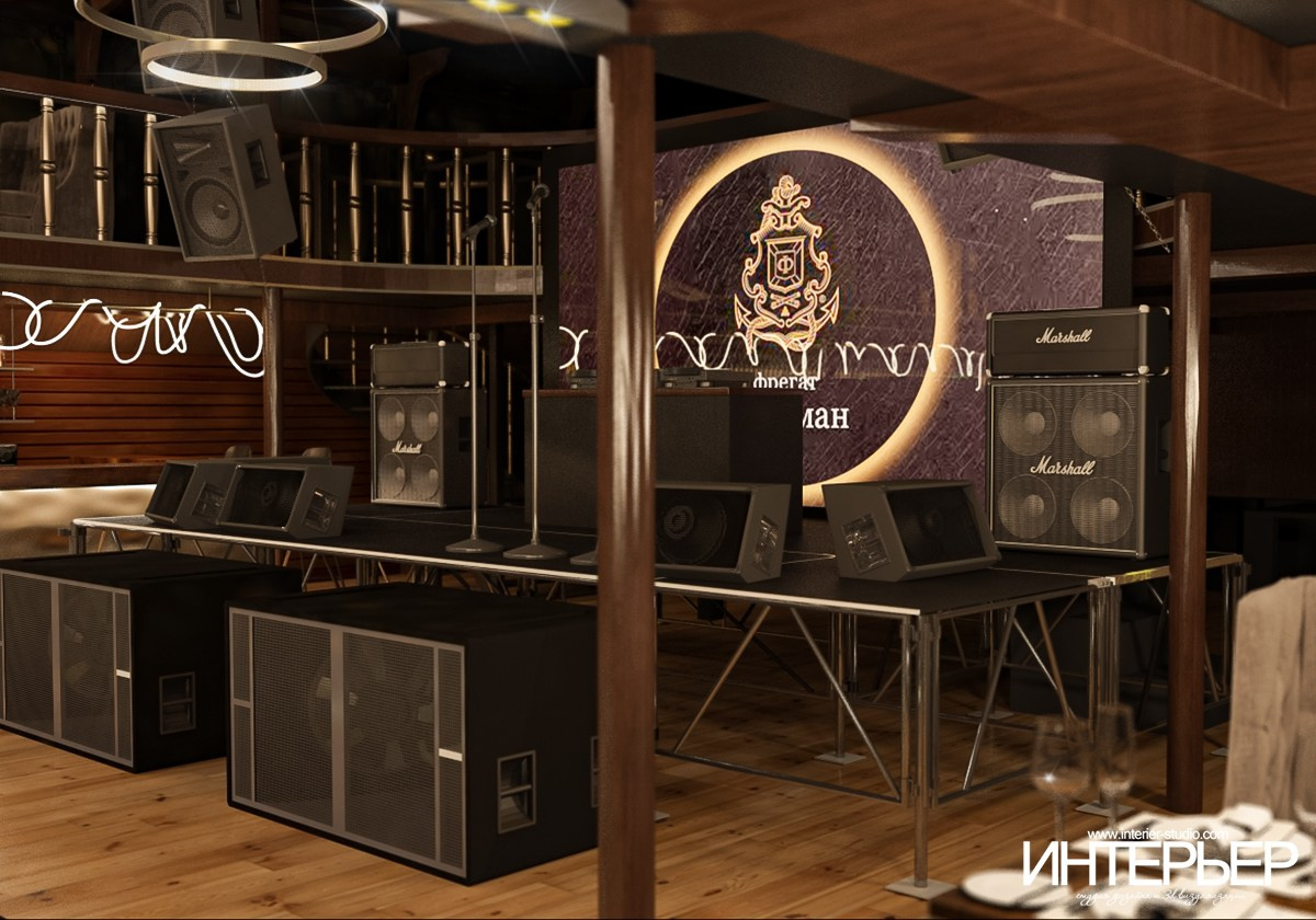 Ночной клуб на фрегате «Флагман», г. Великий Новгород. Дизайн интерьера, 3D визуализация и 3D моделирование. Создание проектов и чертежей. КМВ: Кисловодск, Пятигорск, Ессентуки и удаленно