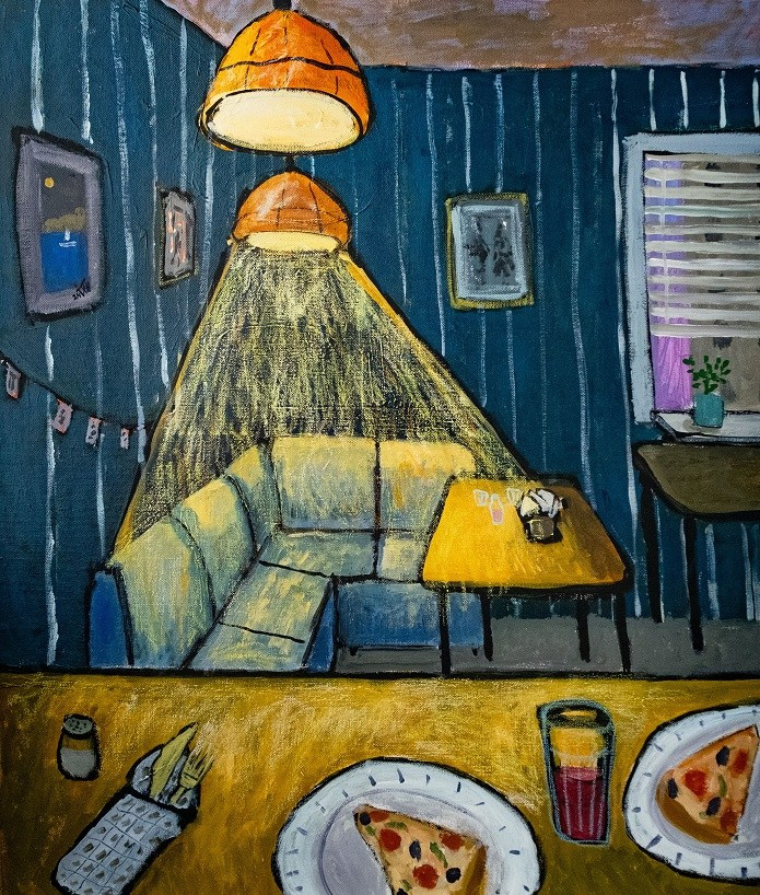 Два кусочка пиццы. Холст, акрил, 2024.